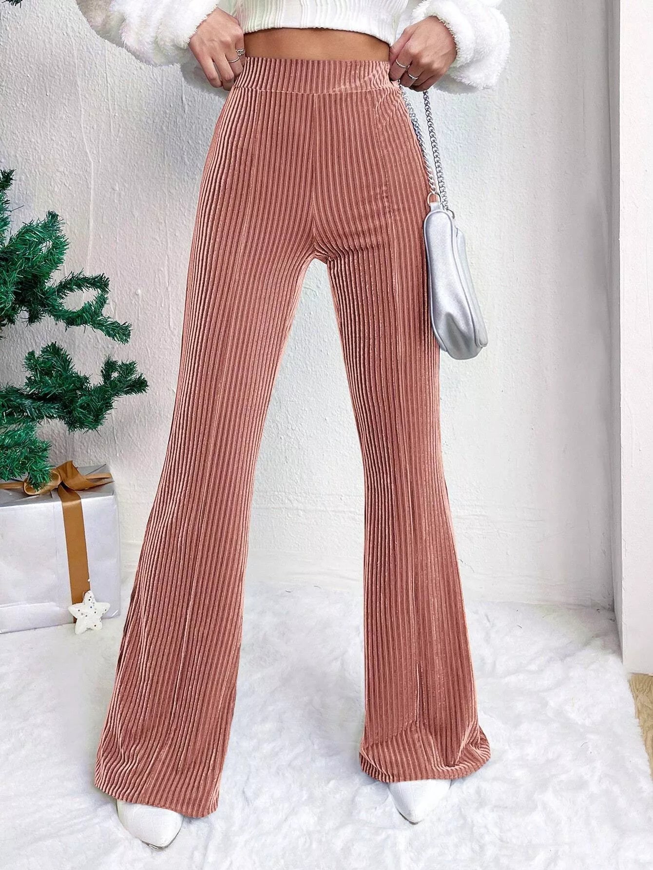 Corduroy High Waist Flare Pants Dusty Pink OutfitFlow