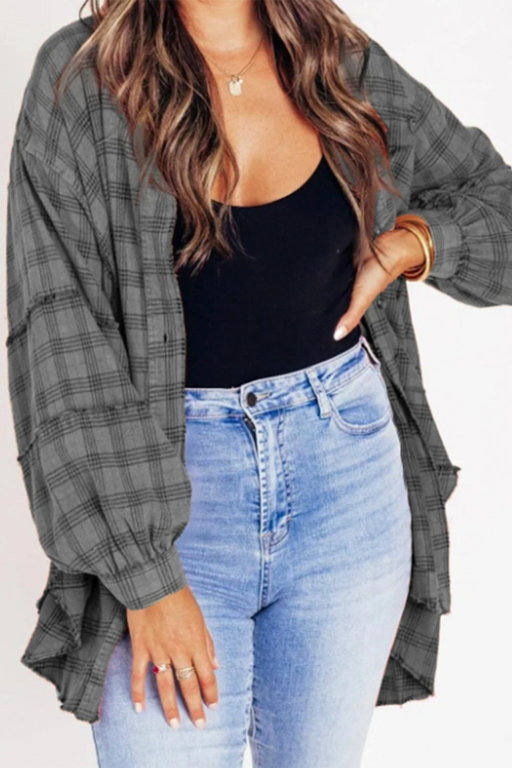 Outfit Flow - Exposed Seam Plaid Collared Neck Long Sleeve Shirt