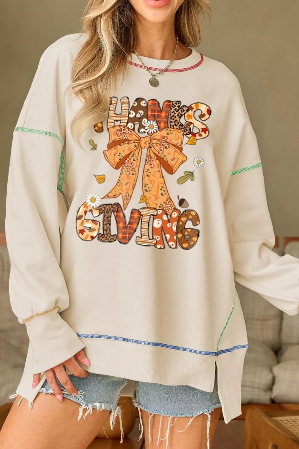 Thanksgiving Graphic Crew Neck Sweatshirt Beige OutfitFlow