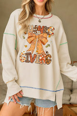 Thanksgiving Graphic Crew Neck Sweatshirt Beige OutfitFlow