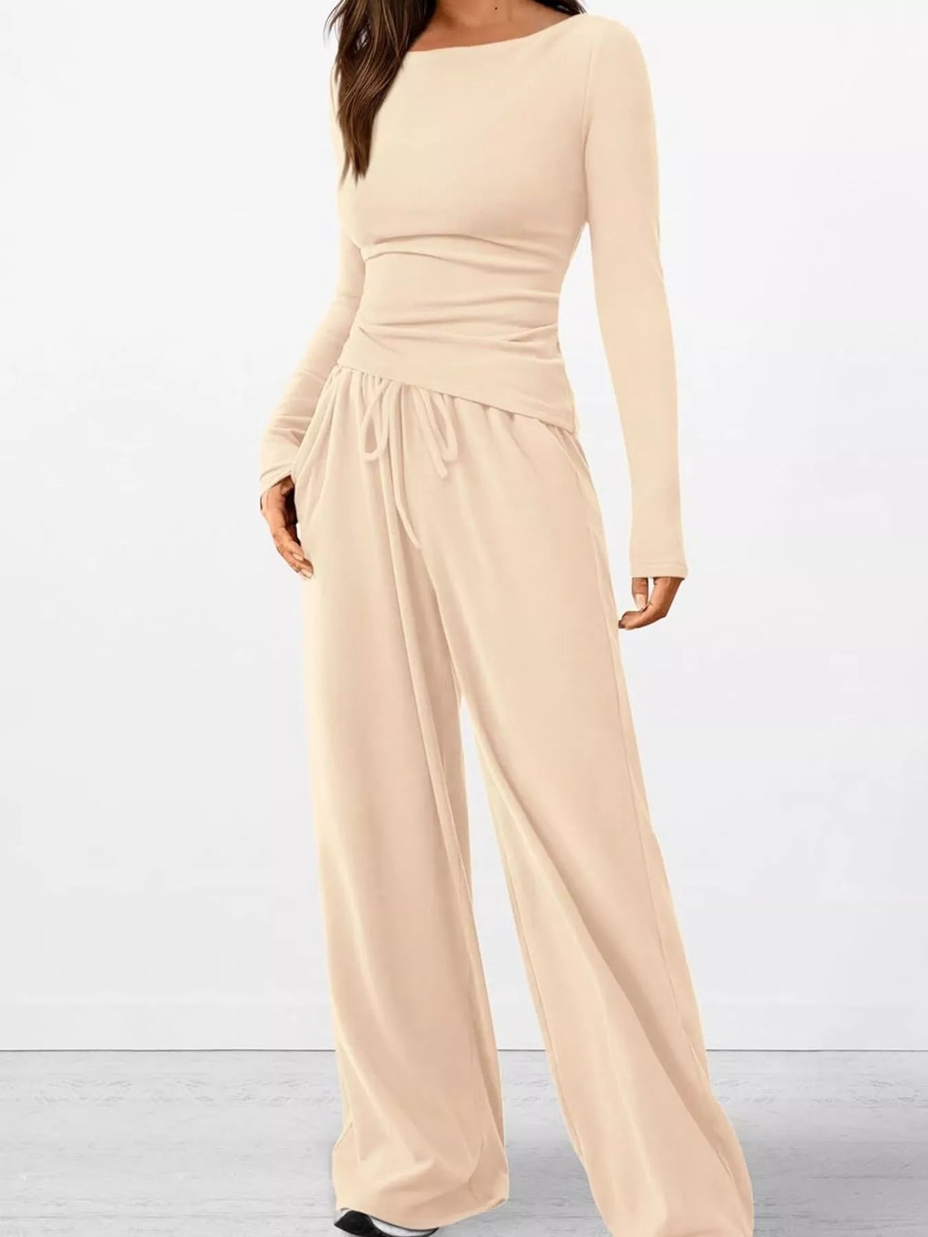 Long Sleeve Top and Wide Leg Pants Set Creamy-white OutfitFlow