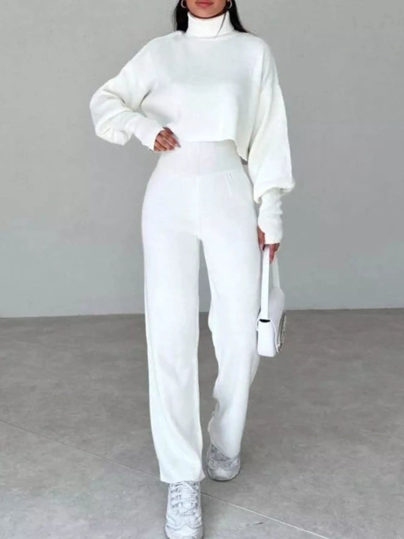 Turtleneck Long Sleeve Top & Pants Set White OutfitFlow