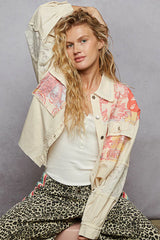 POL Printed Woven Mix Raw Hem Jacket with Lace Detail OutfitFlow
