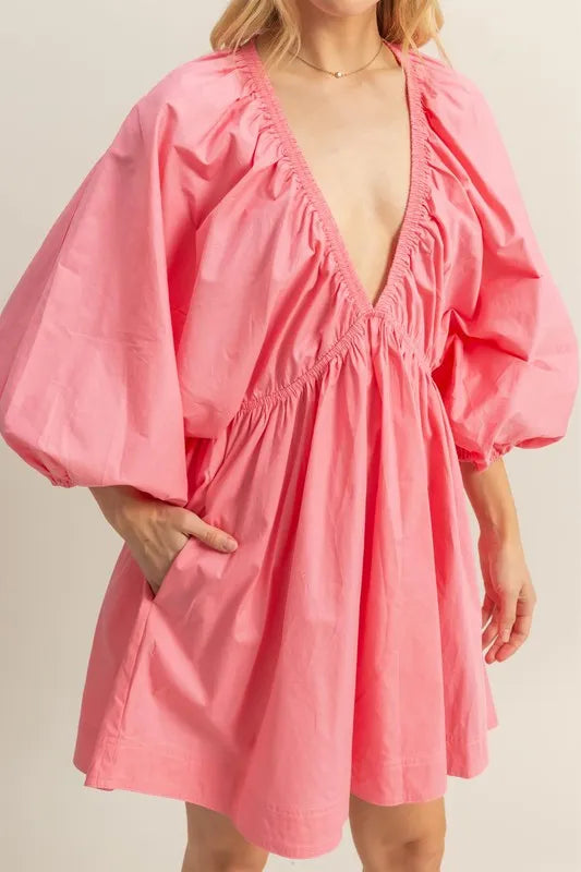 HYFVE Plunge Balloon Sleeve Poplin Mini Dress with Pockets OutfitFlow