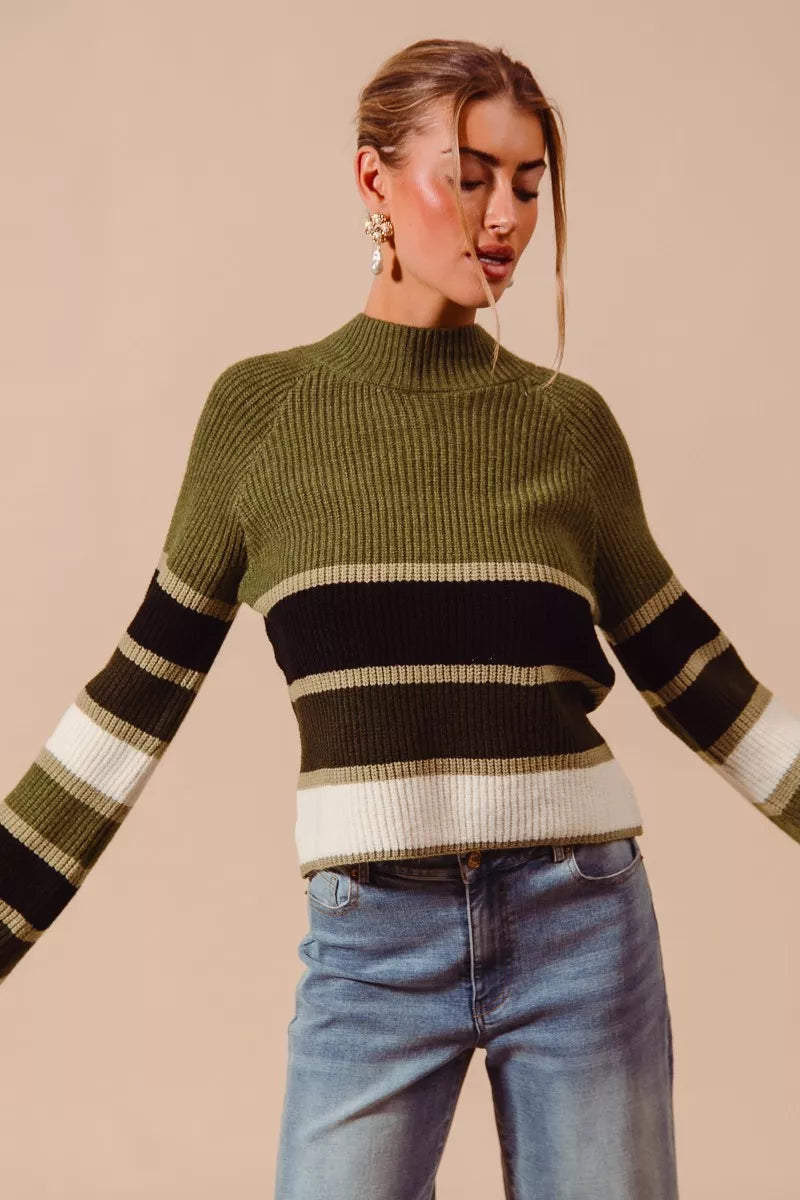 SO ME Multi Color Striped Mock Neck Sweater OutfitFlow