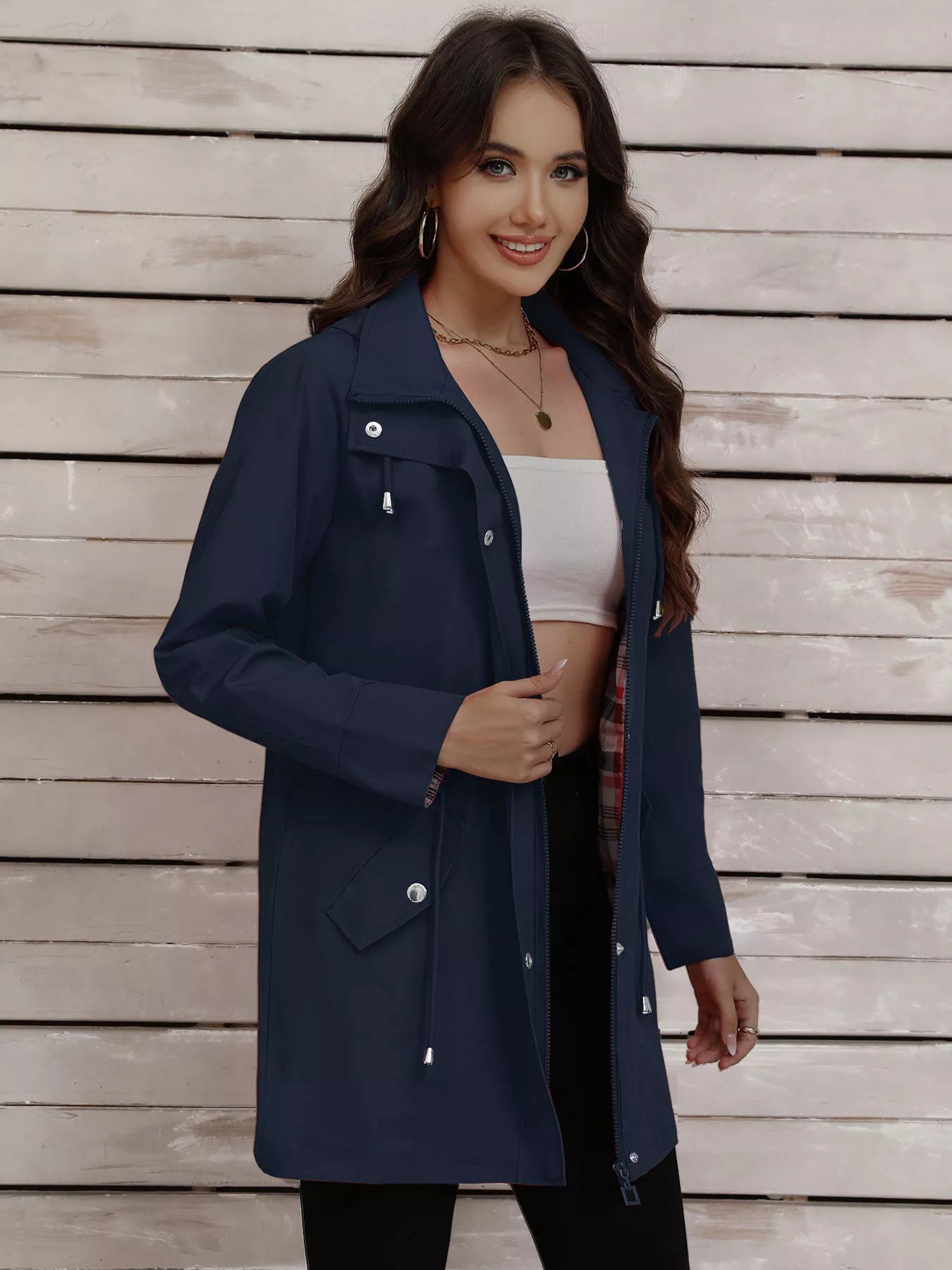 Drawstring Snap-Down Trench Coat Navy Blue OutfitFlow