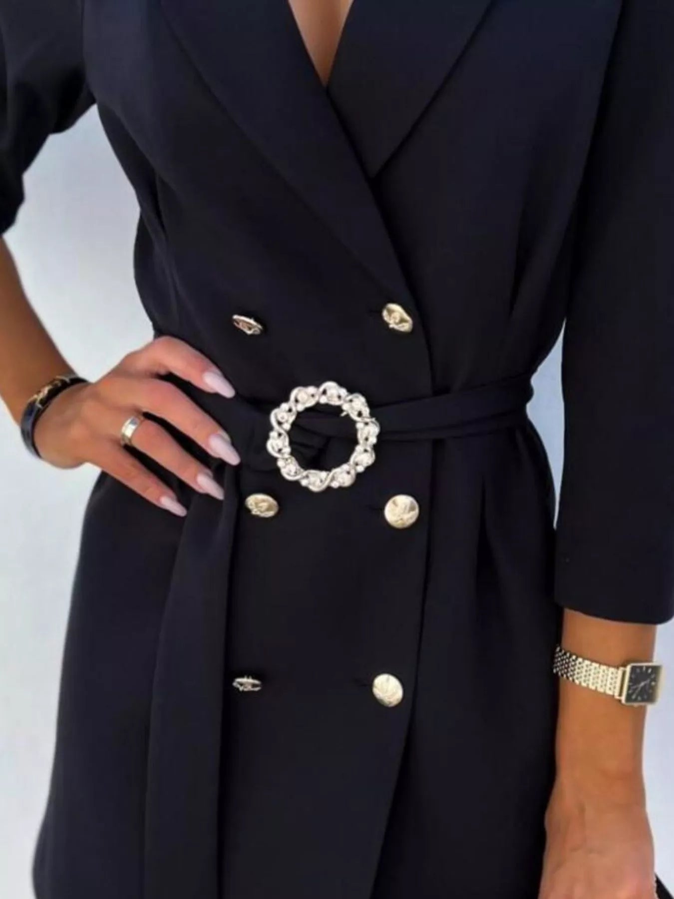3/4 Sleeve Belted Blazer Dress OutfitFlow