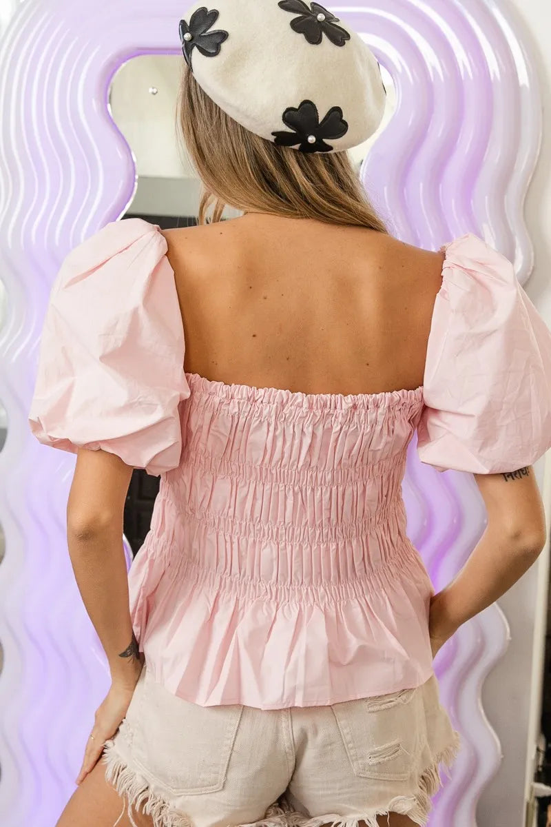 BiBi Puff Sleeve Square Neck Smocked Peplum Top OutfitFlow
