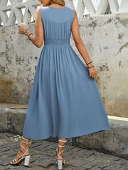 Perfee Ruched Decor Button Slit Sleeveless Midi Dress OutfitFlow