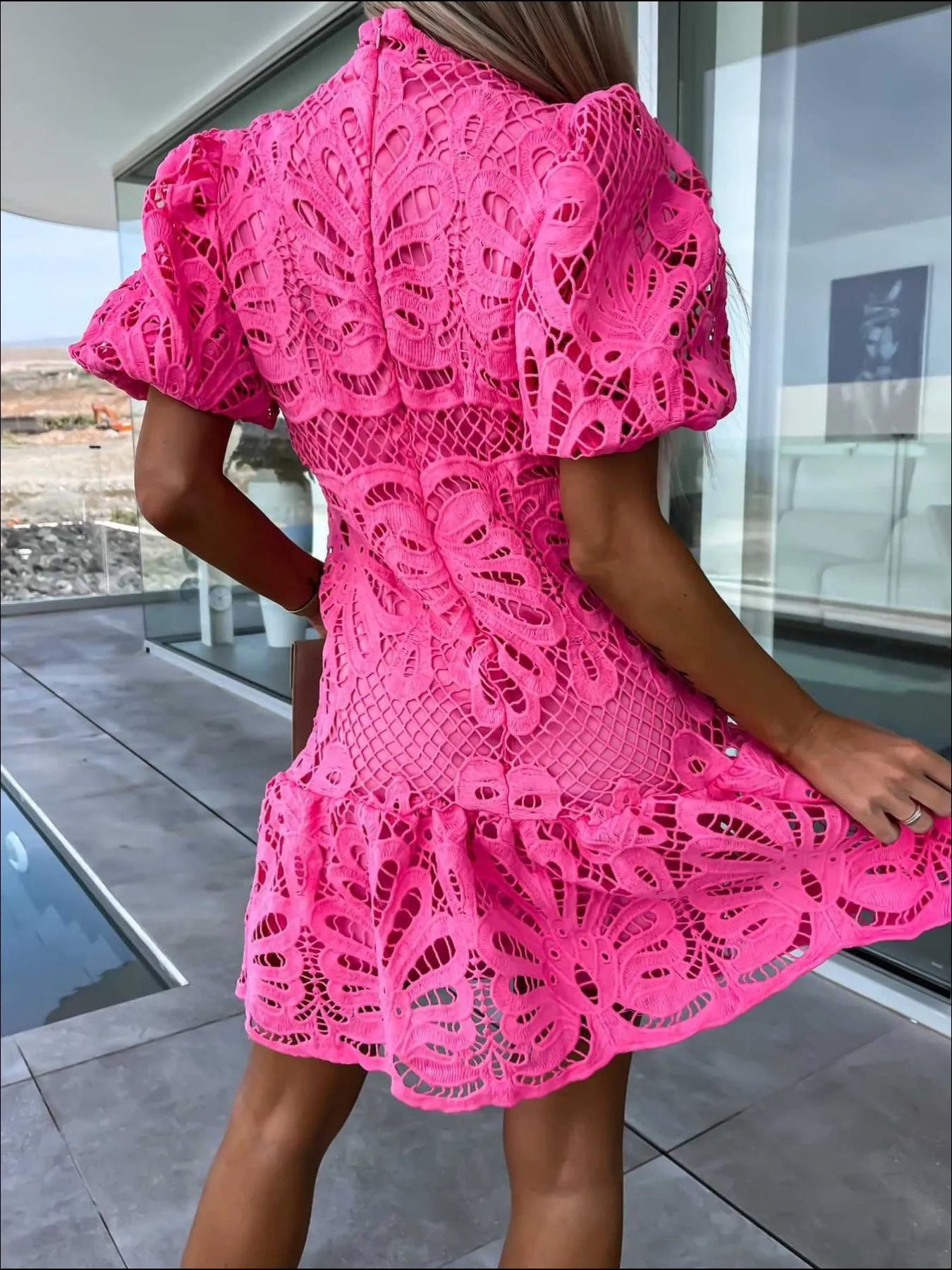 Lace Mock Neck Puff Sleeve Dress OutfitFlow