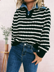 Contrast Striped Sweater with Denim Collar OutfitFlow