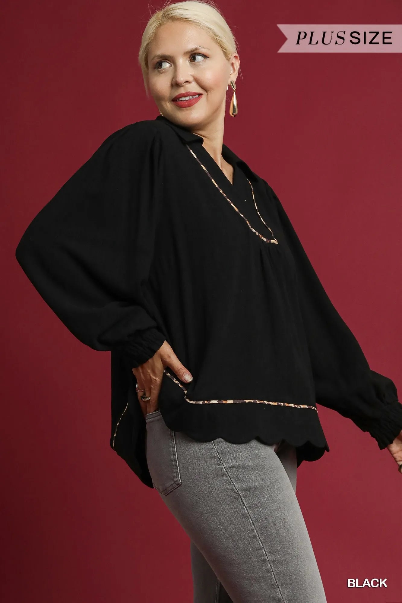 Umgee Full Size Linen Scallop Hem Blouse with Contrast Trim Plus Size Trendsi