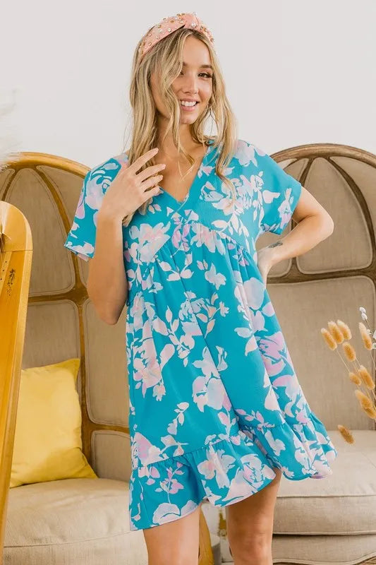 BiBi Floral Crinkle Shirred Ruffle Detail V Neck Dress OutfitFlow
