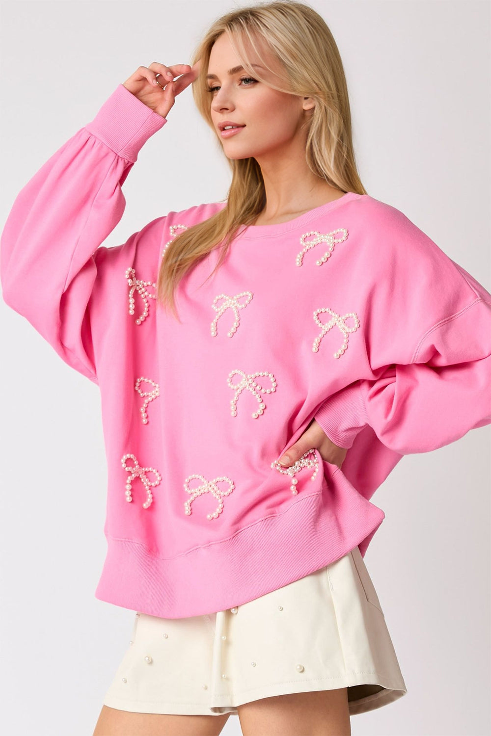 Outfit Flow - Pearl Bow Round Neck Dropped Shoulder Sweatshirt