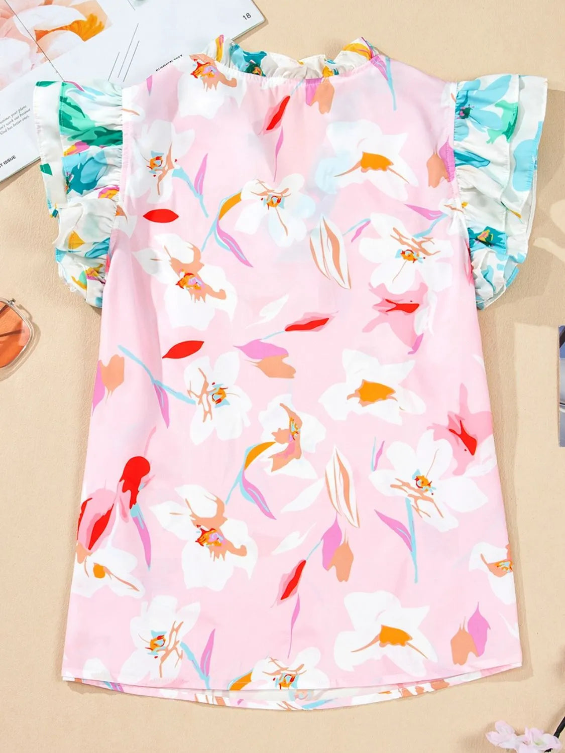 Printed Notched Cap Sleeve Blouse OutfitFlow