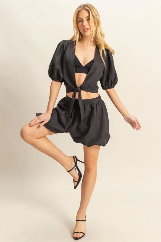 HYFVE Front Tie Top and Bubble Hem Shorts OutfitFlow