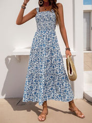Perfee Frill Printed Square Neck Midi Cami Dress Light Blue OutfitFlow