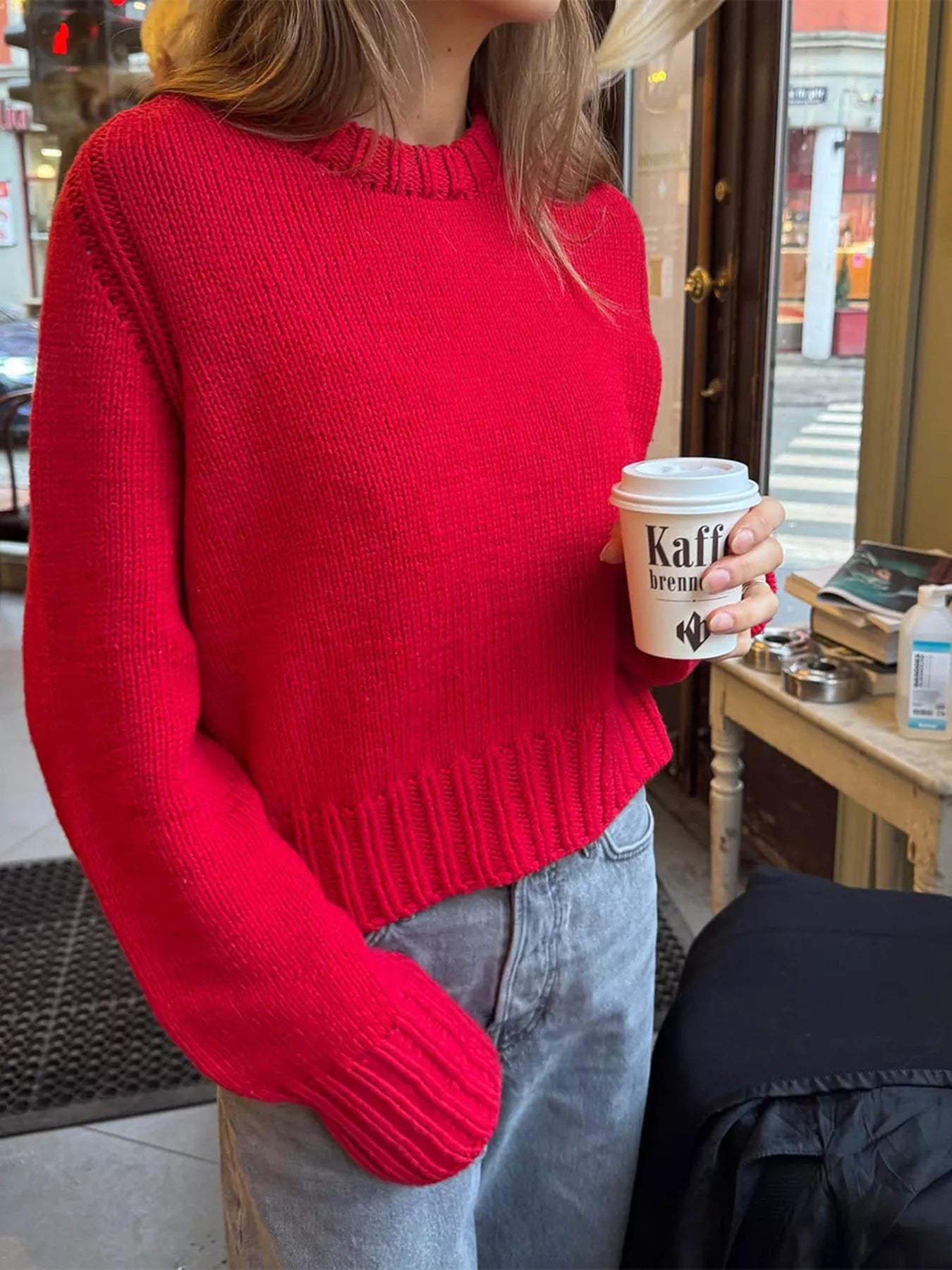 Ribbed Round Neck Sweater Red OutfitFlow