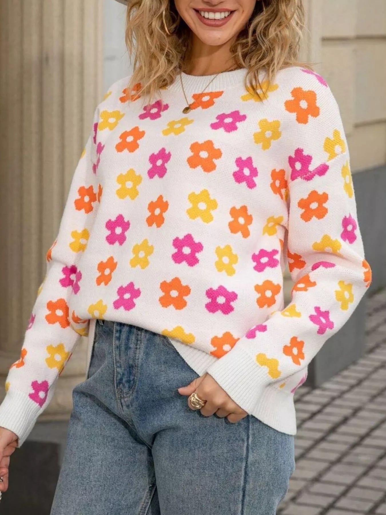 Floral Crew Neck Sweater Trendsi