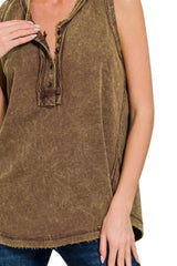 Zenana Washed Half-Button Raw Edge Sleeveless Henley Top OutfitFlow