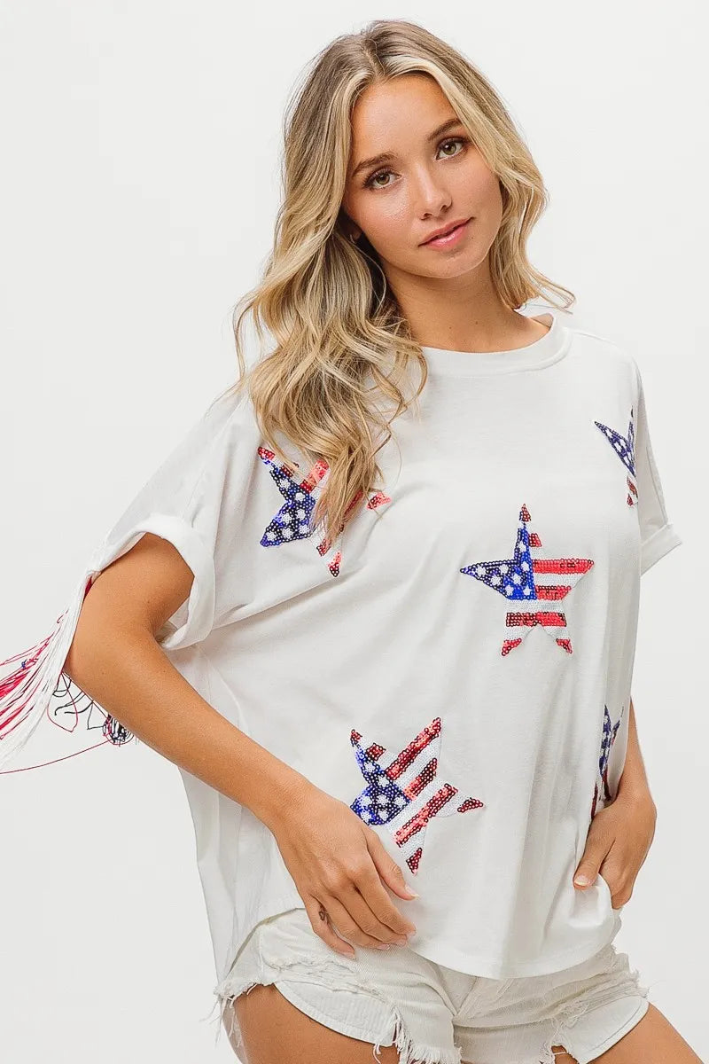 BiBi American Flag Sequin Star Fringe Top OutfitFlow