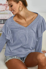 BiBi Triblend V Neck Top with Shoulder Shrring Detail DENIM OutfitFlow