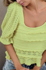 BiBi Square Neckline with Puff Sleeve Crochet Top OutfitFlow