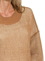 Zenana Exposed Seam Two Tone Ribbed Sweater Trendsi