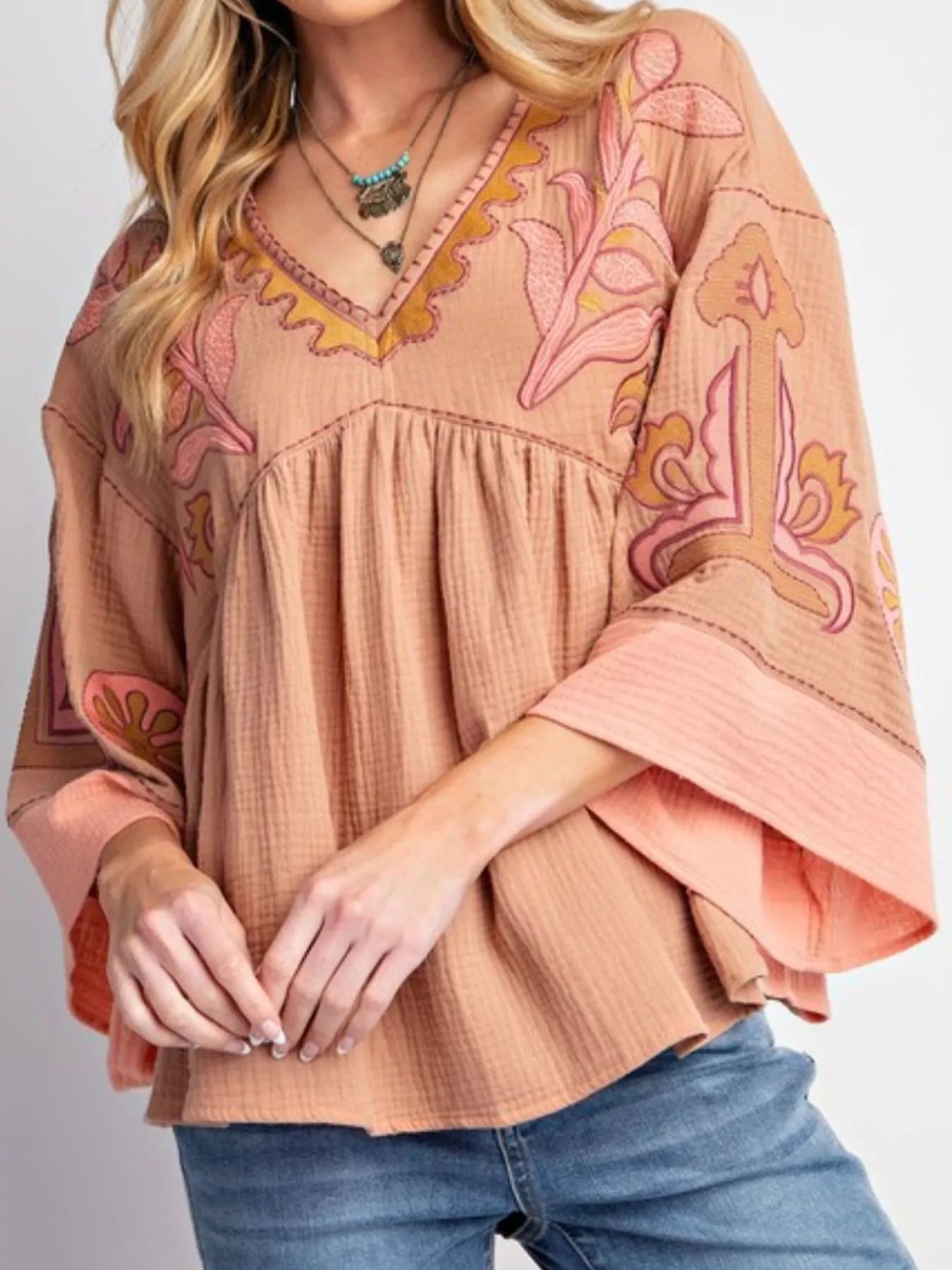 Printed V-Neck Top with Contrast Trim Details Coral Color OutfitFlow