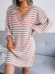 Outfit Flow - Striped V-Neck Long Sleeve Mini Sweater Dress