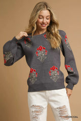 Umgee Single Flower Stem Jacquard Sweater CHARCOAL OutfitFlow