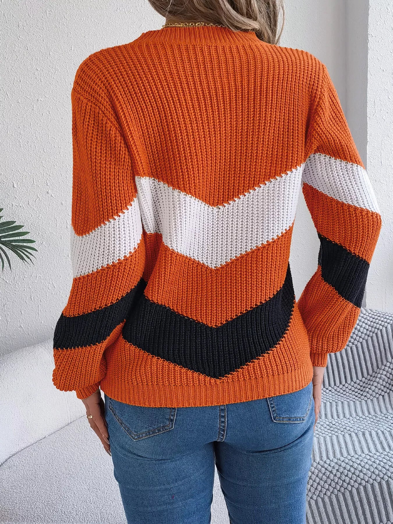 Chevron Stripe Color Block Round Neck Sweater OutfitFlow