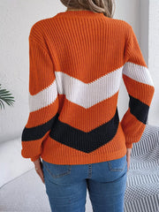 Chevron Stripe Color Block Round Neck Sweater OutfitFlow