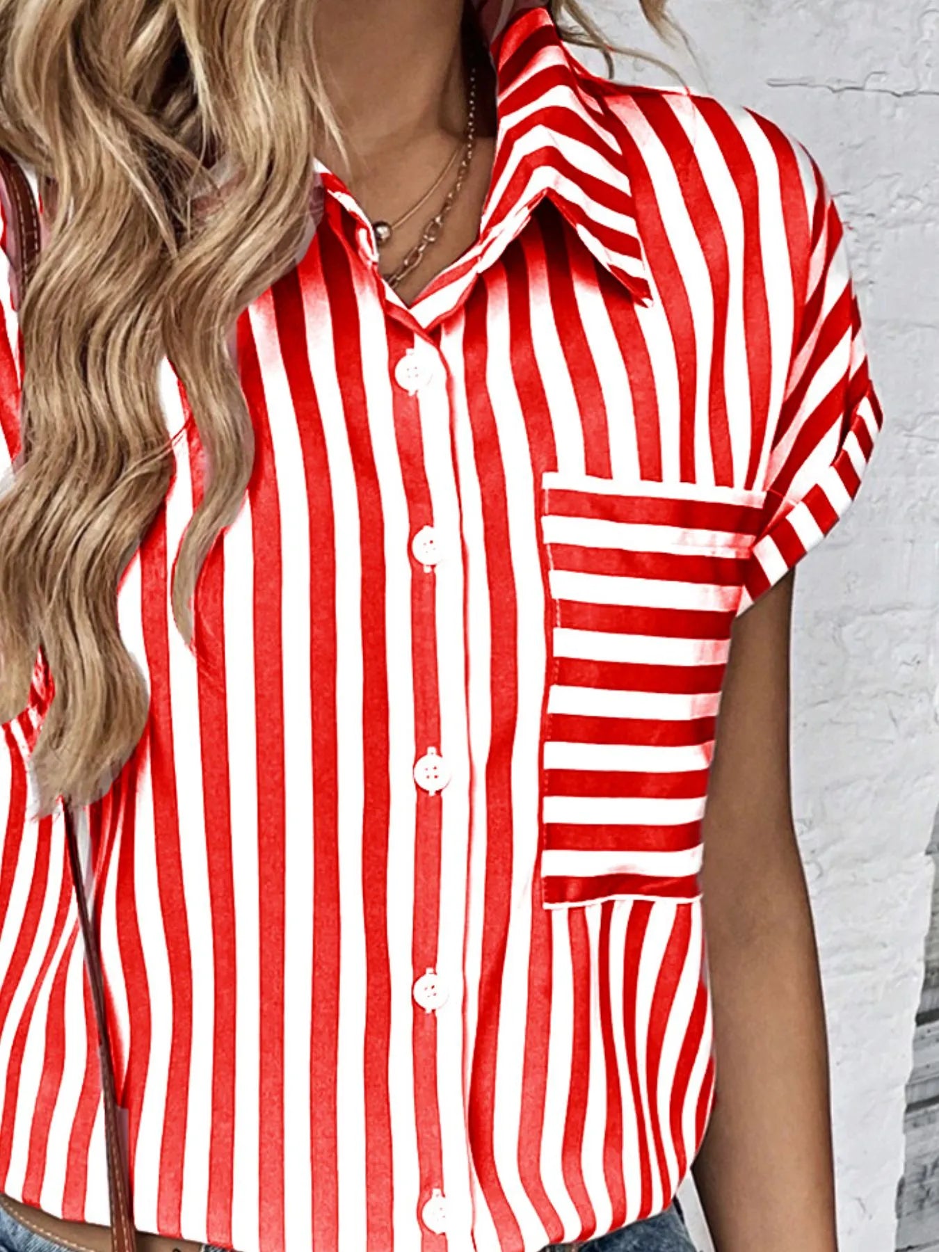Striped Button-Up Short Sleeve Shirt with Pocket OutfitFlow