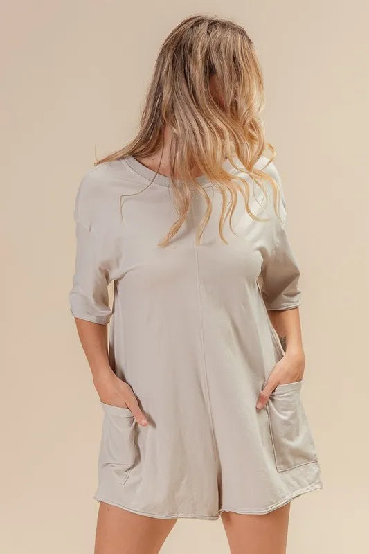 BiBi Short Sleeve Back Open Washed Romper OutfitFlow