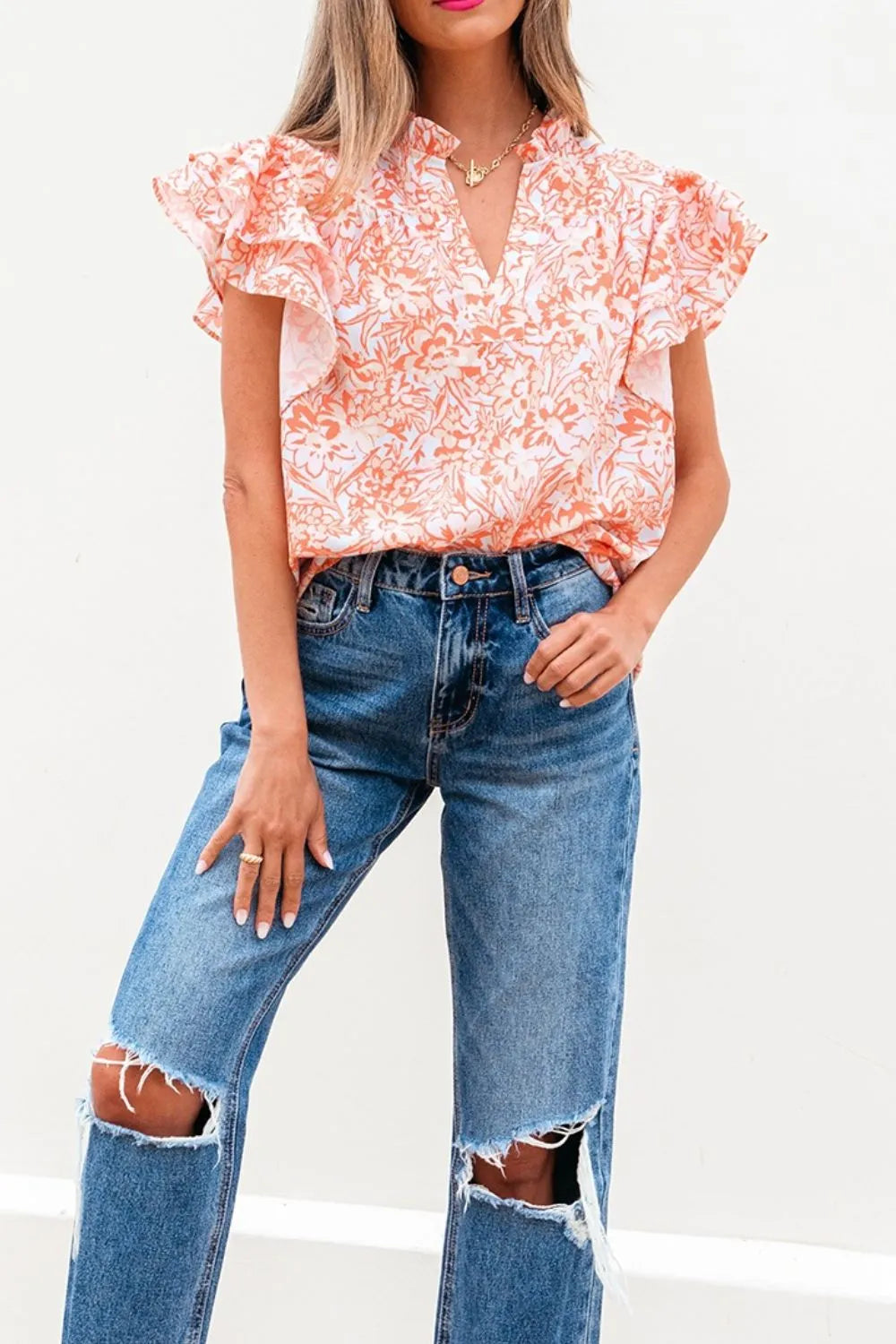 Floral Ruffle Sleeve Split Neck Blouse OutfitFlow
