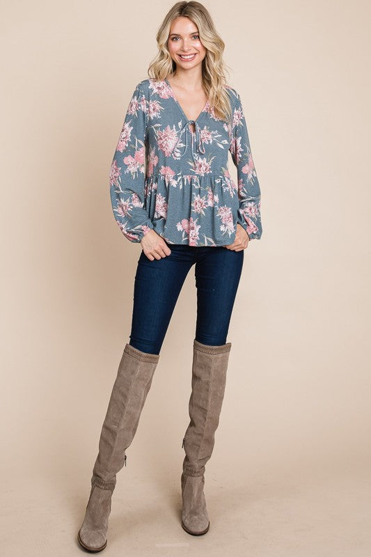 Outfit Flow - Super Lady Full Size Babydoll Floral Long Sleeve Blouse