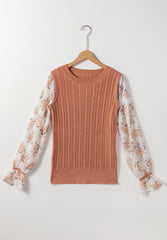 Outfit Flow - Cable Knit Round Neck Flounce Sleeve Sweater