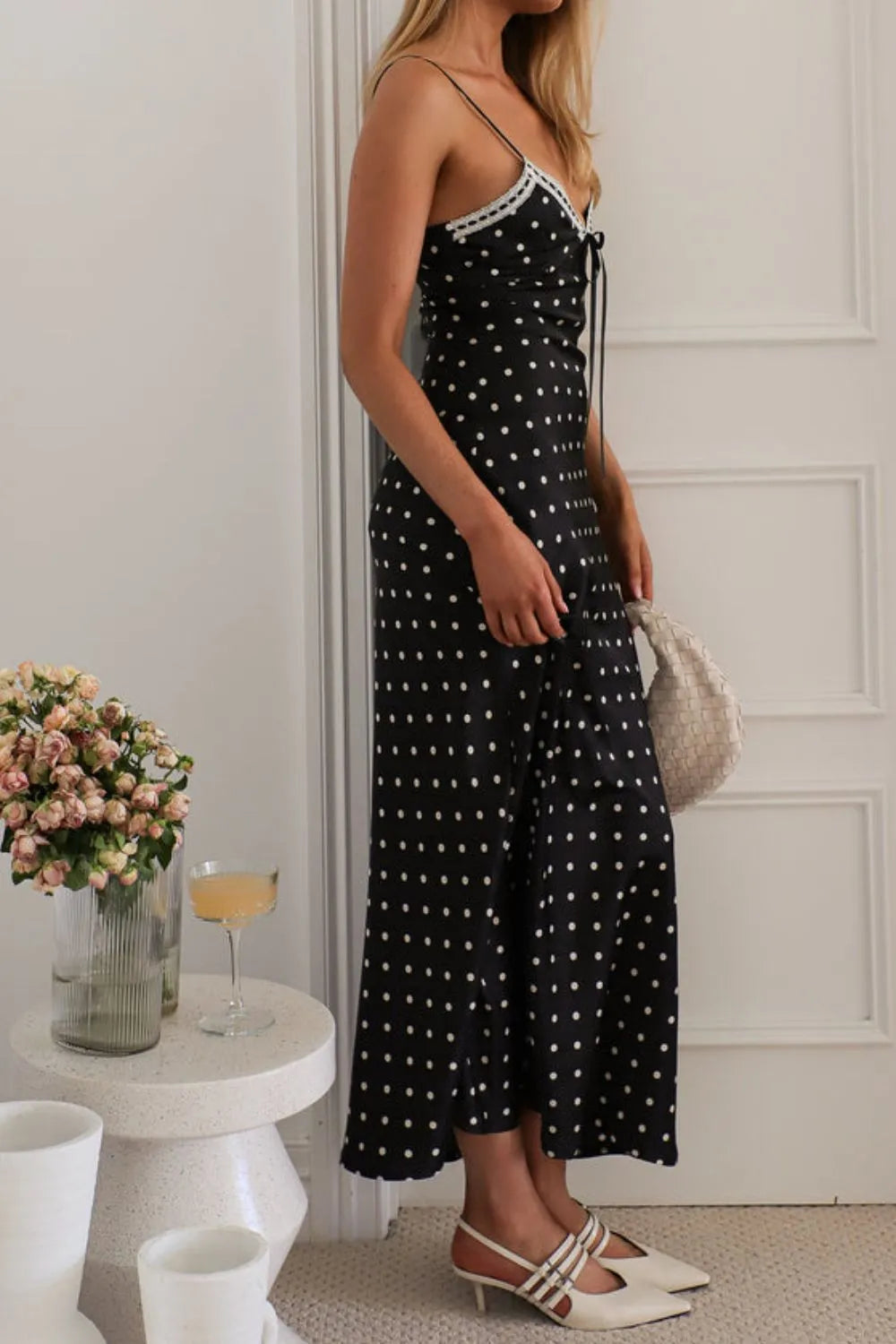Polka Dot Square Neck Midi Cami Dress OutfitFlow