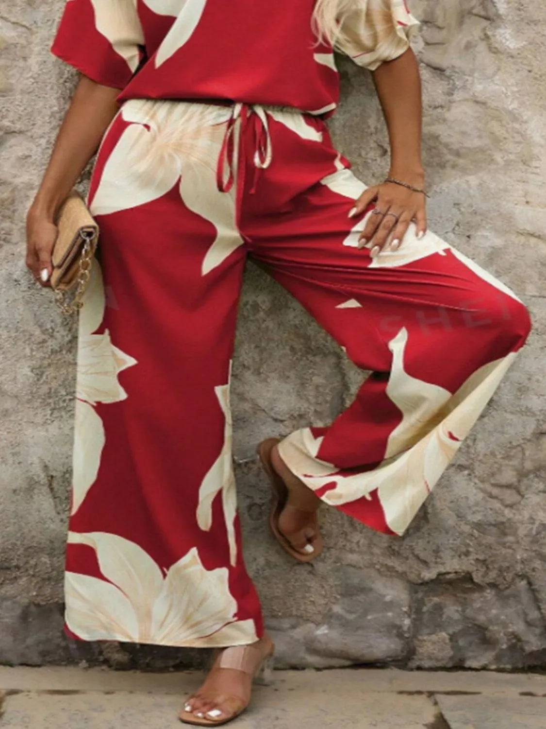 Printed V-Neck Top and Wide Leg Pants Set OutfitFlow