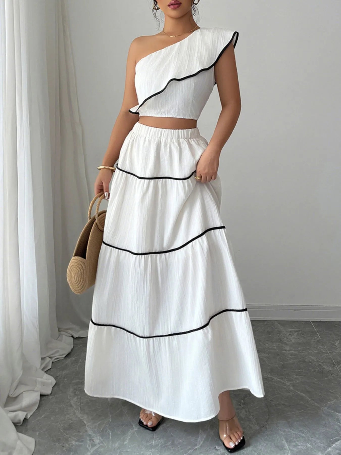 One-Shoulder Ruffle Top and Skirt Two-Piece Set OutfitFlow