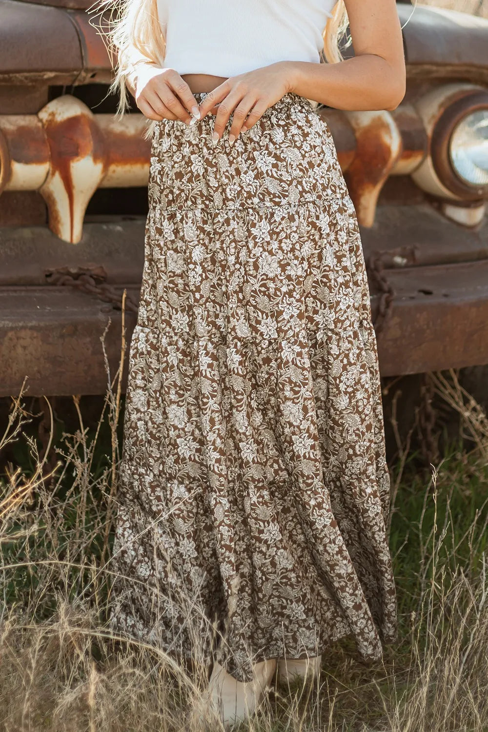Floral Print Tiered Maxi Skirt OutfitFlow