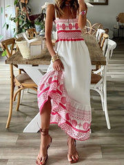 Smocked Printed Tie Shoulder Maxi Dress OutfitFlow