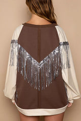 POL Balloon Sleeve French Terry Sweatshirt with Sequin Tassel Trendsi