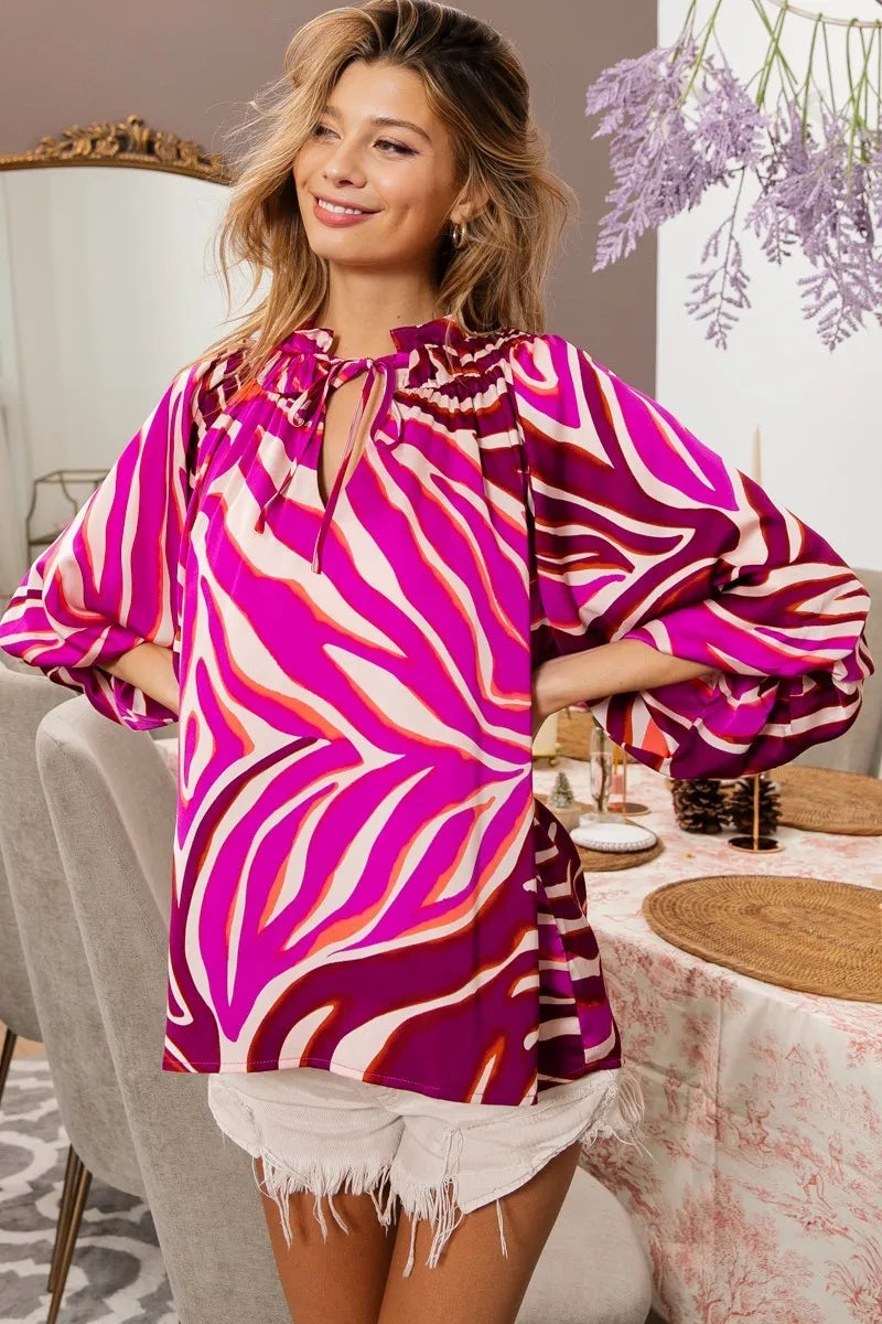 BiBi Tied Neck Half Balloon Sleeve Zebra Satin Top OutfitFlow