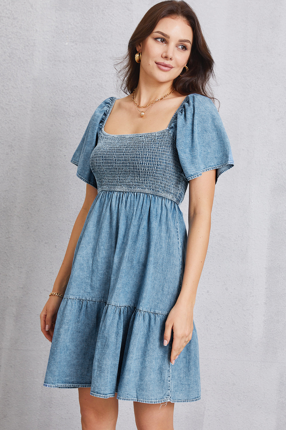 Smocked Square Neck Mini Denim Dress