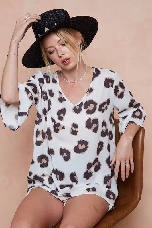 BiBi Leopard Printed V Neck Woven Top with Ruffled OutfitFlow