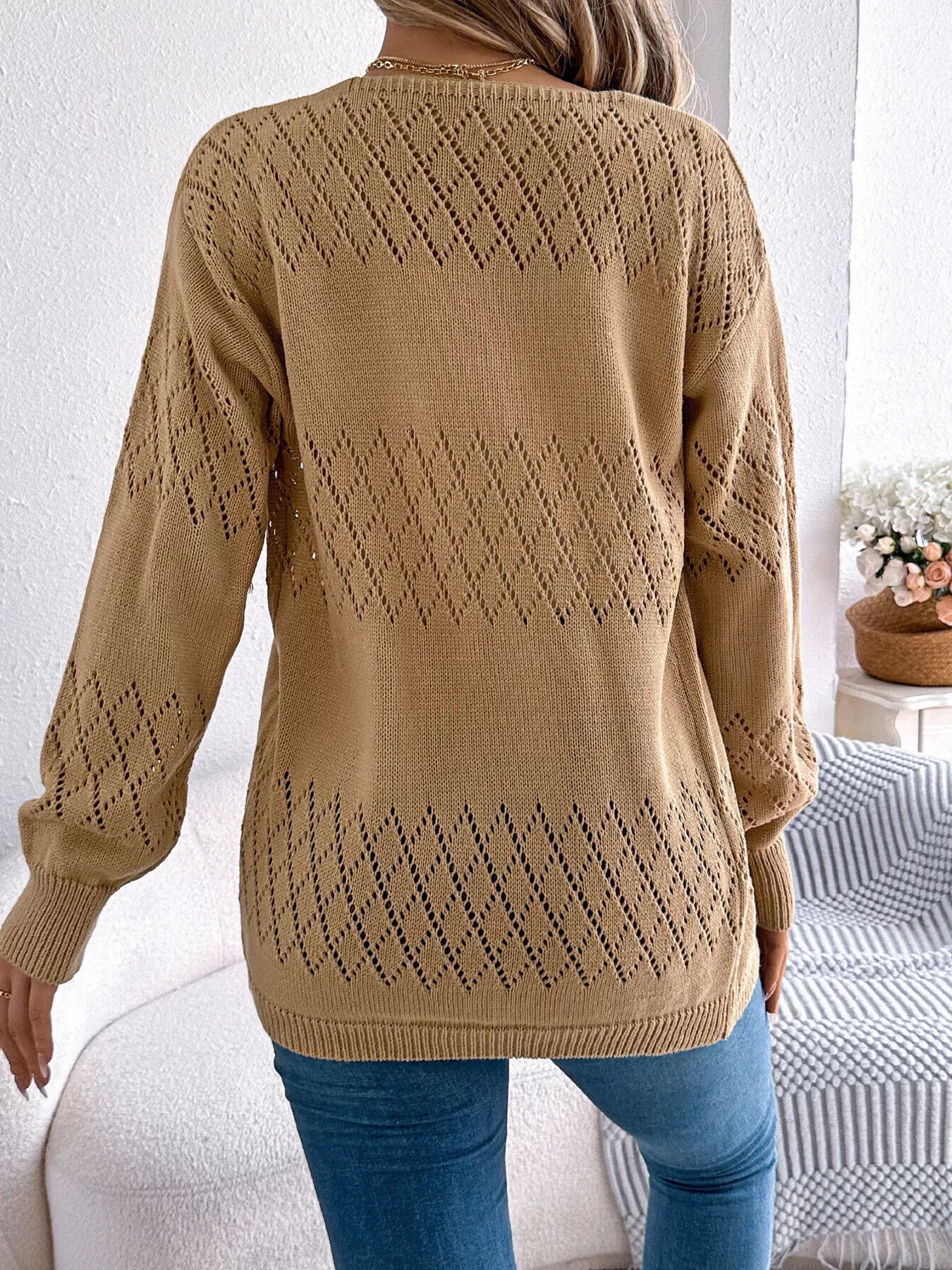 Openwork Open Front Long Sleeve Cardigan OutfitFlow