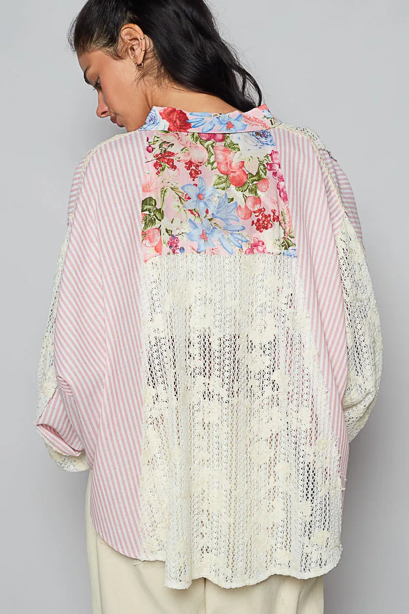 POL Lace Long Sleeve Shirt with Floral and Striped Pattern OutfitFlow
