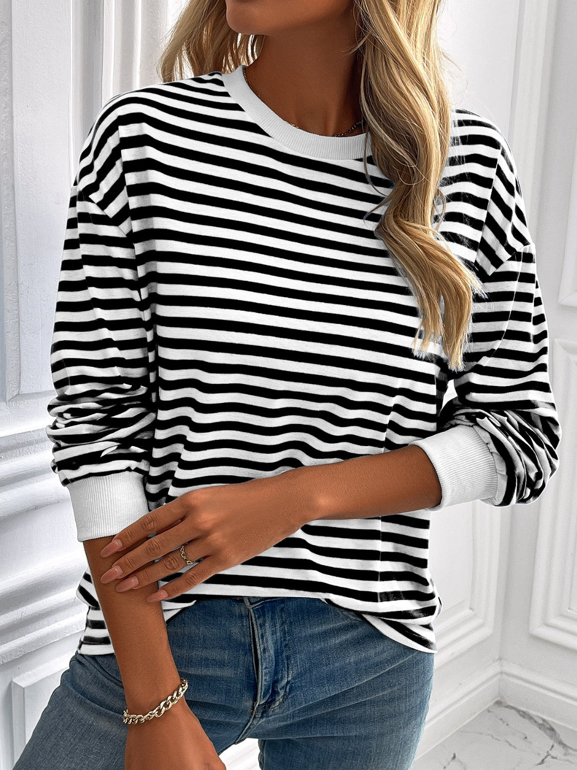 Outfit Flow - Ivy Lane Striped Round Neck Long Sleeve Sweatshirt